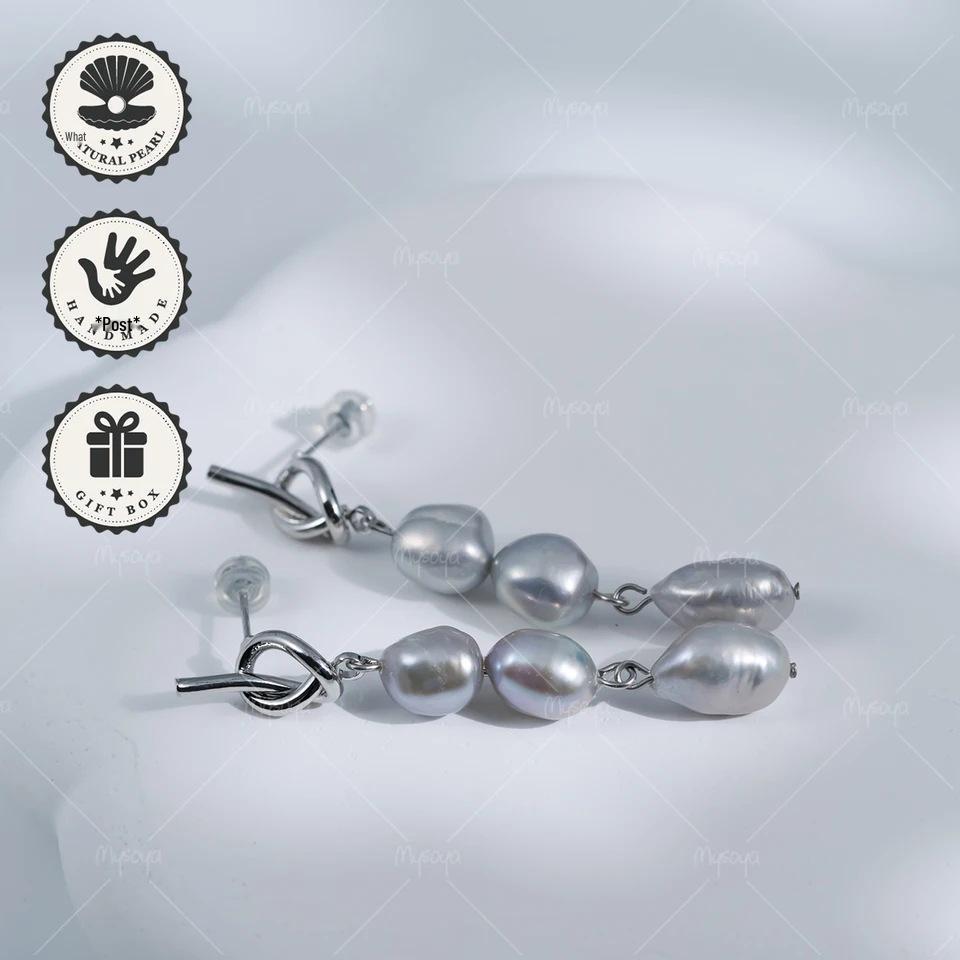 MYSOYA Grey Baroque Freshwater Pearl Earrings with Silver Knot Design 8-9mm USA серебряный