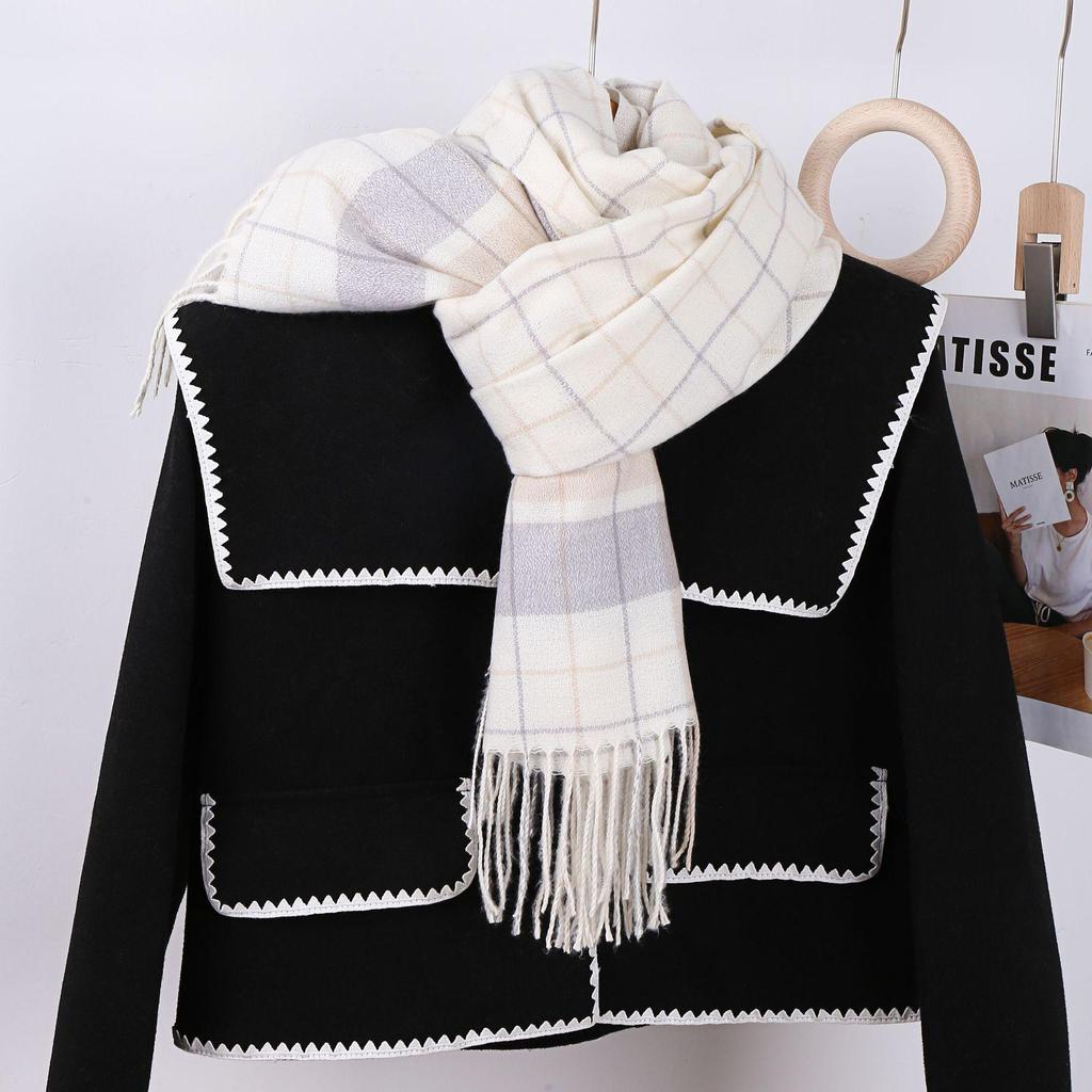 Women's Winter Plaid Imitation Cashmere Tassel Scarf, Thickened Korean Style Neck Warmer