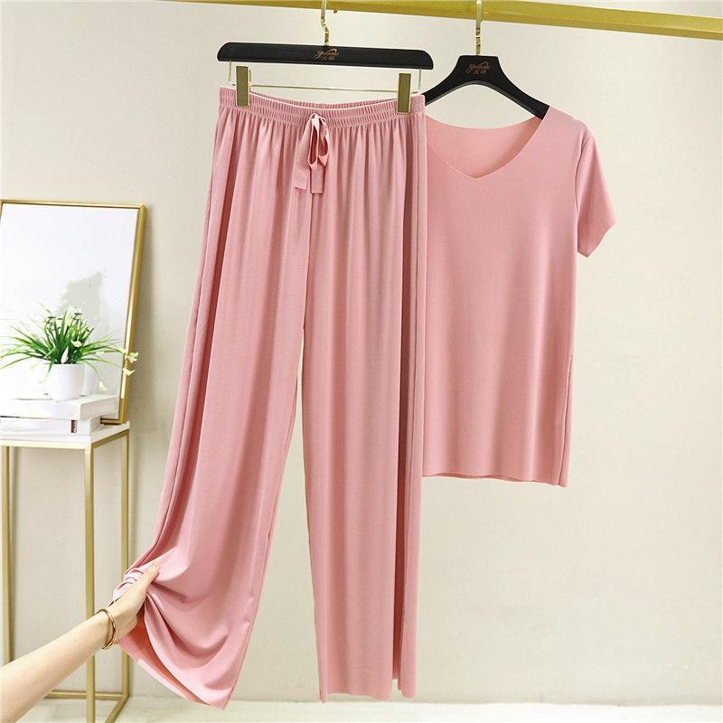 Women's Summer Pajamas V-neck Short-sleeved Top + Loose Wide-legged Pants Two-piece Set of Thin Simple Solid Color Suit