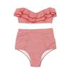 2Pcs/Set Women Bikini Set Ruffle Trim Bandeau Padded Push-Up Bra High Waisted Briefs Set Striped Print Beachwear
