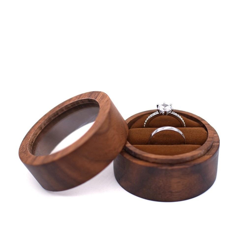 New Wooden Round Ring Box Transparent Cover Portable Engagement Ring Case Brown Ring Display Boxs Valentine's Day
