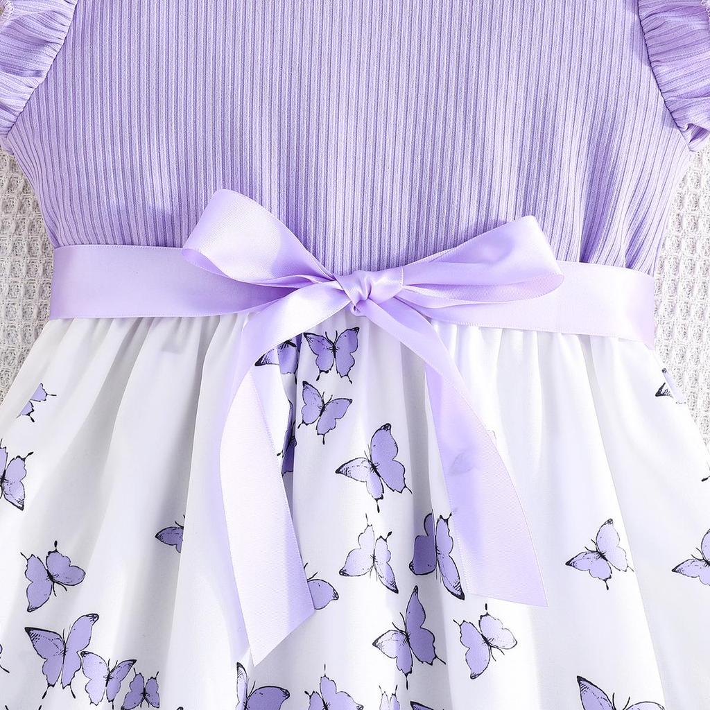 Girls' Sleeveless Butterfly Print Dress & Belt Set