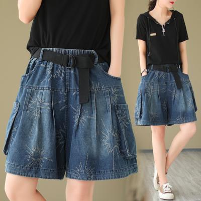 Without Belt Women's Summer Fashion Loose Pockets Denim Shorts Female Print Wide-leg Jeans Shorts Ladies High Waist Short Pants