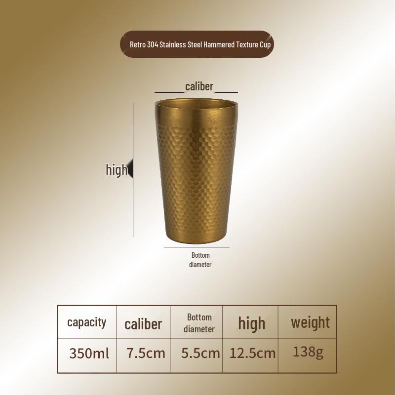 Gold Retro Double-Walled Insulated 304 Stainless Steel Water Cup with Diamond Texture
