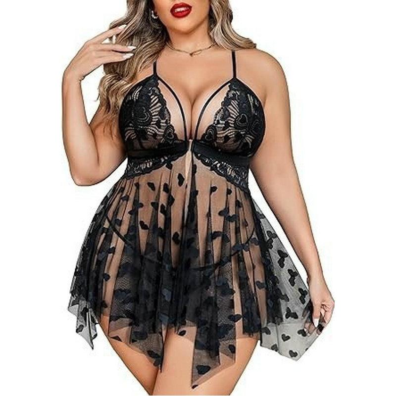 Sexy underwear, plus size fashion pajamas, front open chest, split mesh slip dress, love mood fun suit