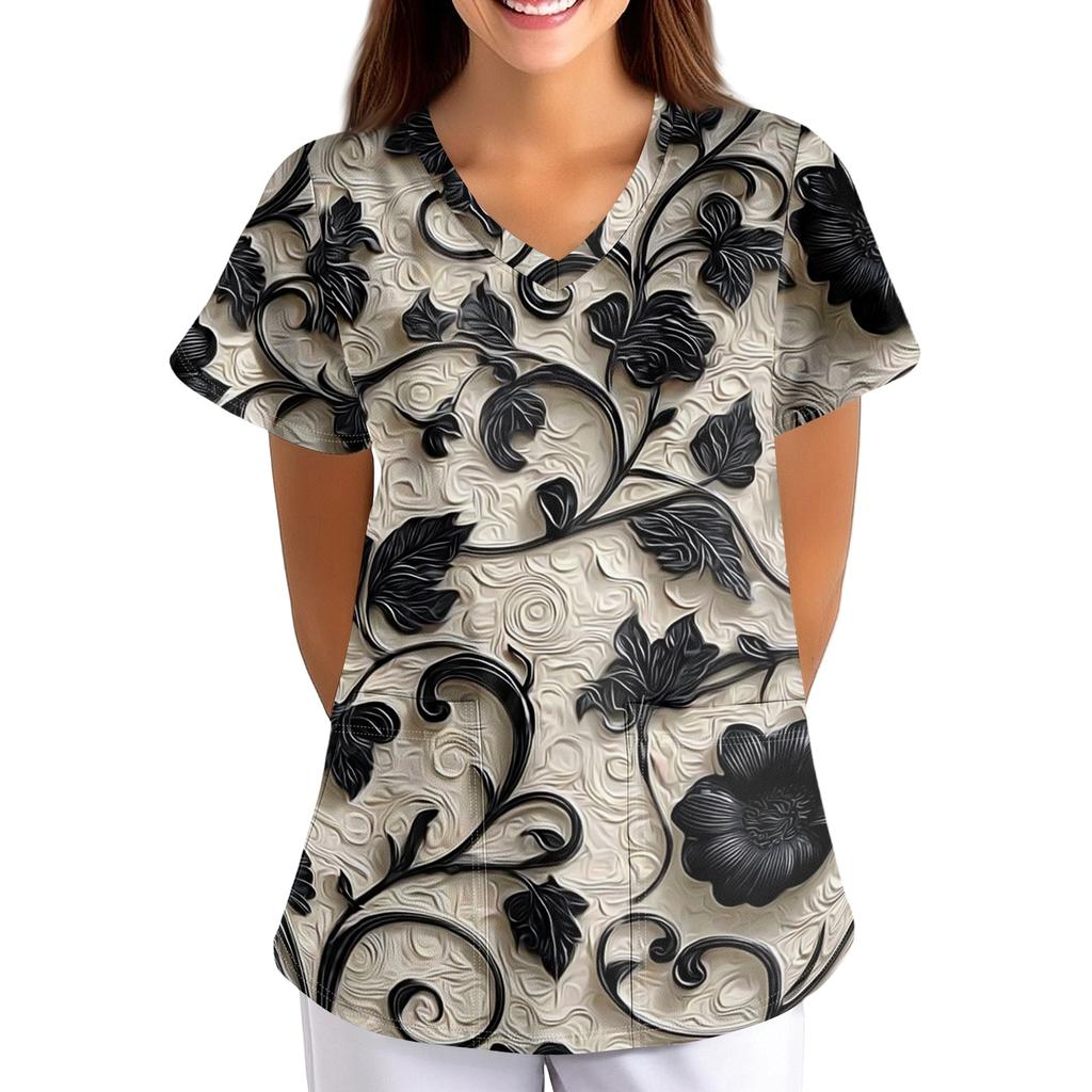 Women's Floral Print Loose Fit V Neck Short Sleeve Medical Scrub Top with Pockets for Healthcare Professionals Comfortable Workwear