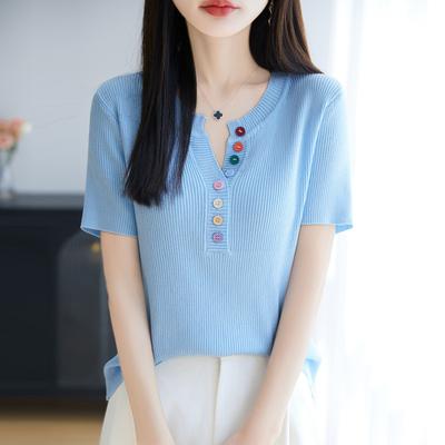 T-shirt a maniche corte in filato di ghiaccio colorato, un nuovo stile estivo che snellisce e versatile, con un top basico scadente