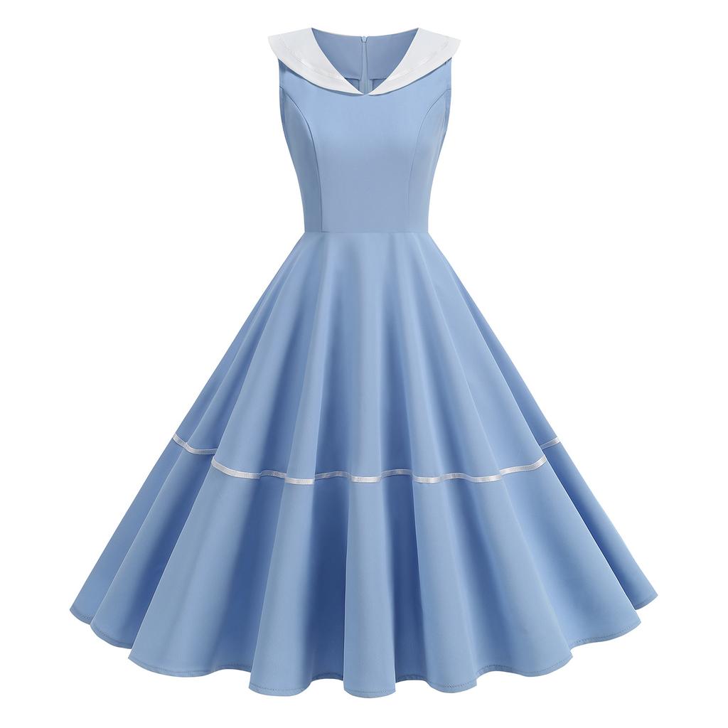 Retro Nautical-style Woven-strap Dress In a Hepburn-inspired Design, Featuring a Full Skirt and Mid-length Cut for a Sophisticated and Elegant Look