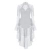 Womens Figure Skating Rhinestones Bodysuit Long Sleeve Backless Tiered Ruffled Tulle Skirted Leotard