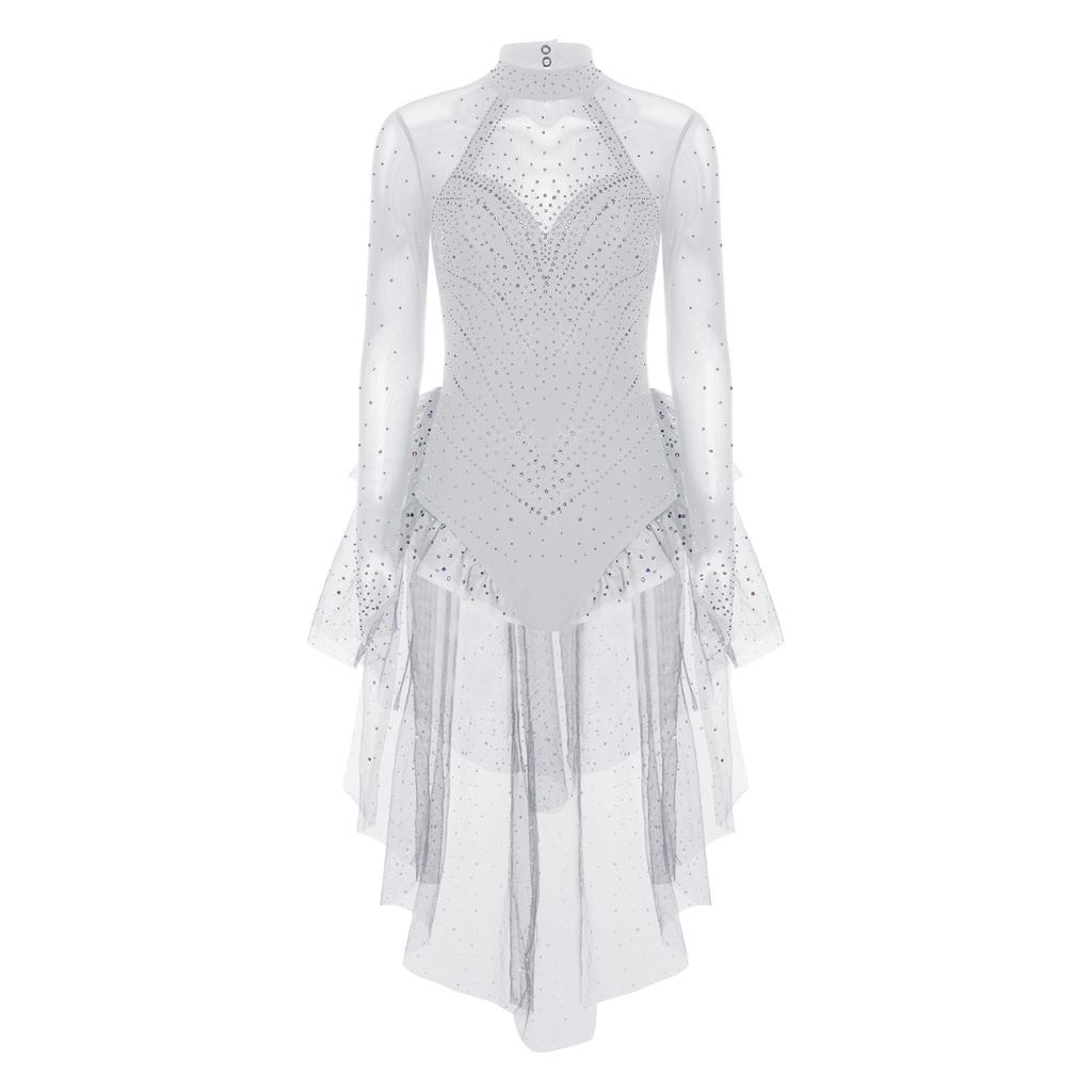 Womens Figure Skating Rhinestones Bodysuit Long Sleeve Backless Tiered Ruffled Tulle Skirted Leotard
