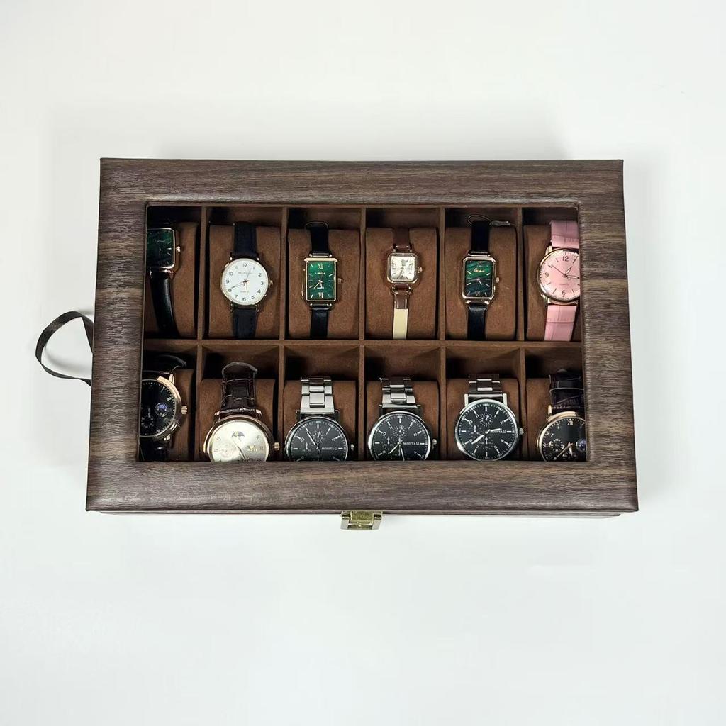 Retro Wood Grain 12-Slot PU Leather Watch Storage Box - In Stock
