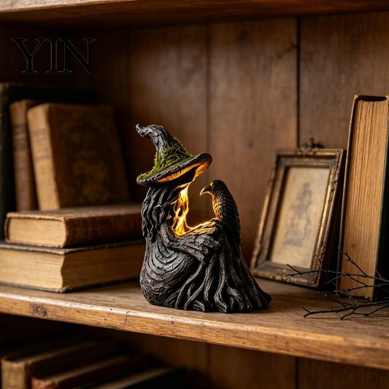 Durable Weather Resistant Ornament Luminous Witch & Raven Figurine with Mossy Tree Texture, Resin Gothic Ancient Crow Statue LED Light for Halloween