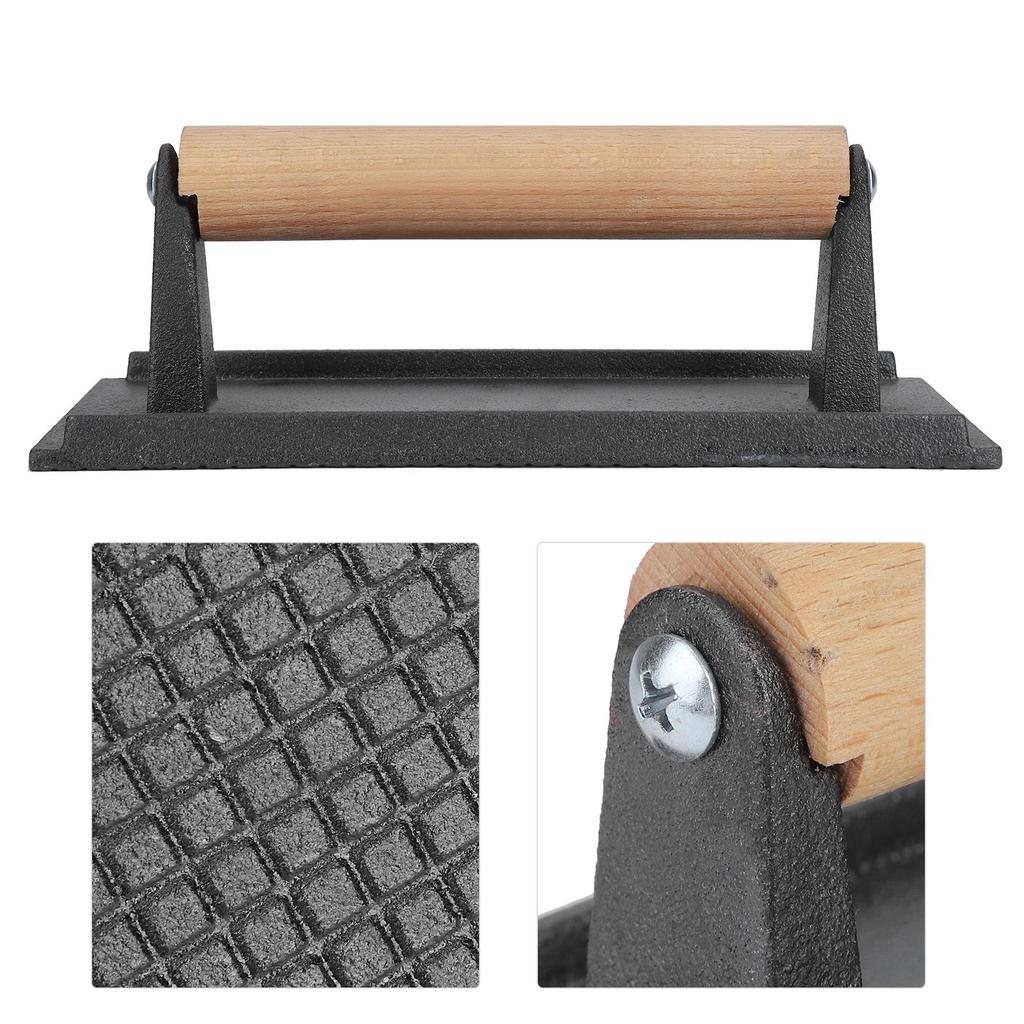 Cast Iron Grill Press Steak Bacon Weight Press Barbecue Griddle Press with Wood Handle