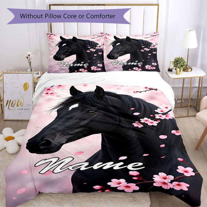 3pcs Custom Name Horse Bedding Set Duvet Cover Closure Includes 1 Duvet Cover & 2 Pillowcases, Soft and Comfortable for All Seasons.