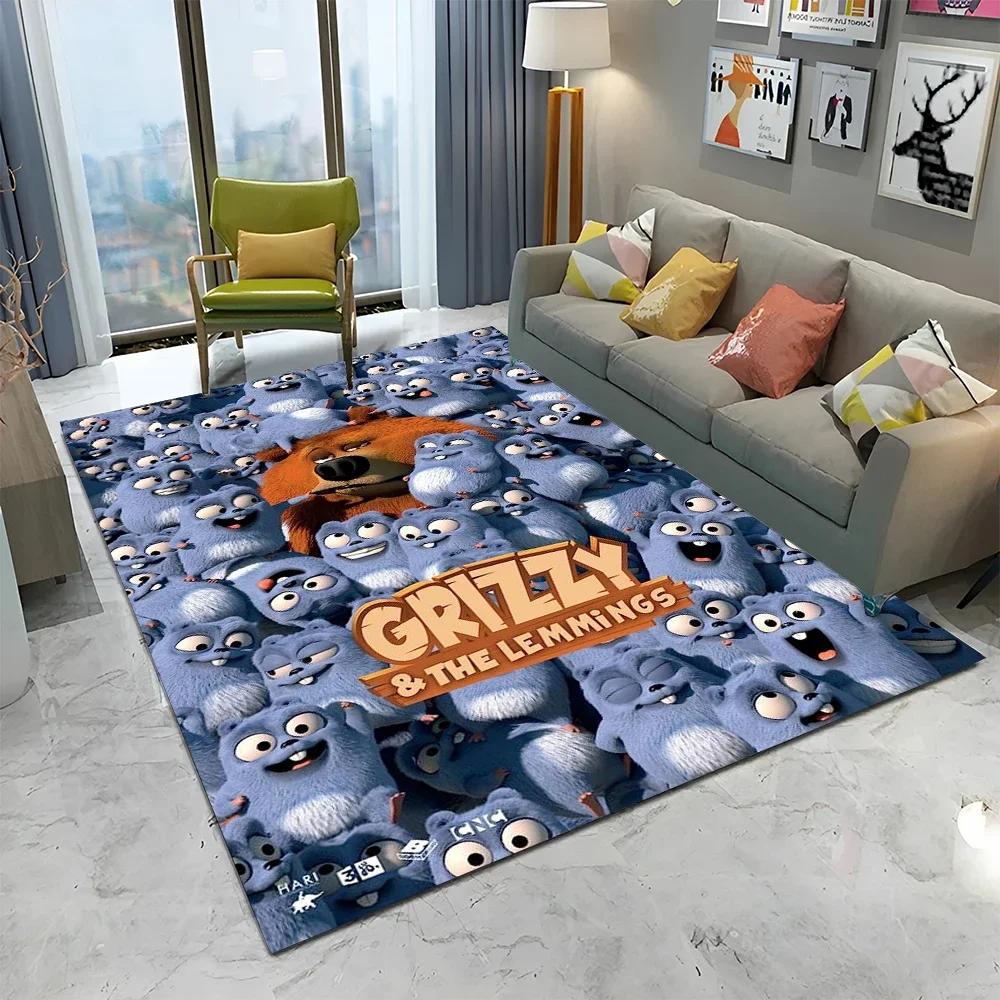 3D Kreslený koberec Grizzy a lemingové pro domov, obývací pokoj, ložnici, pod pohovku, rohožka, dekorace, dětský koberec, protiskluzová podložka na podlahu