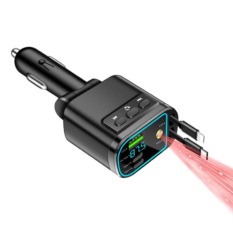 Five-in-One Car Charger with Digital Display and Retractable Cable, PD Fast Charging, and Cigarette Lighter Adapter