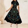 Women Plus Size Round Neck Short Sleeve Printed Black Gathered Waist A Line Long Dress