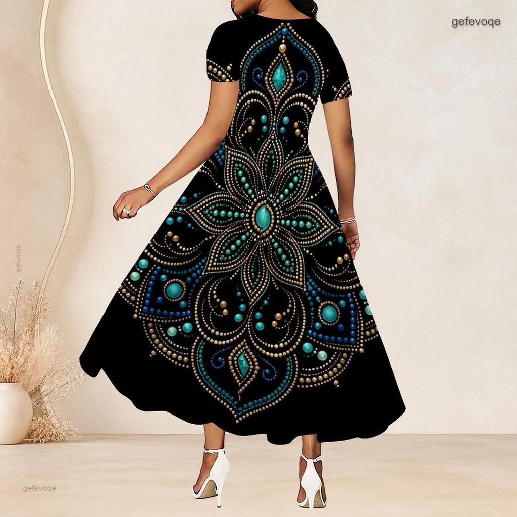 Women Plus Size Round Neck Short Sleeve Printed Black Gathered Waist A Line Long Dress