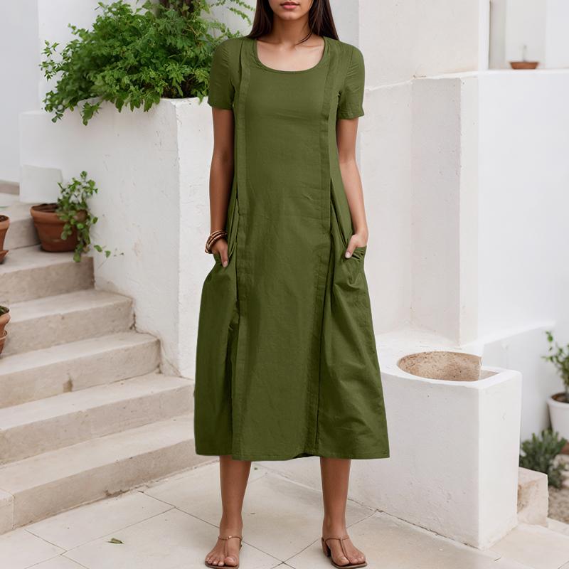 

ZANZEA Женское повседневное платье с круглым вырезом, однотонное, летнее, с коротким рукавом 2XL зелёный