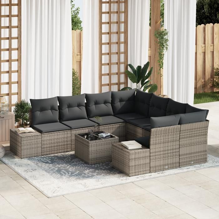 VidaXL Ensemble de 9 Canapés de Jardin avec Coussins Gris Poly Rattan 3346999