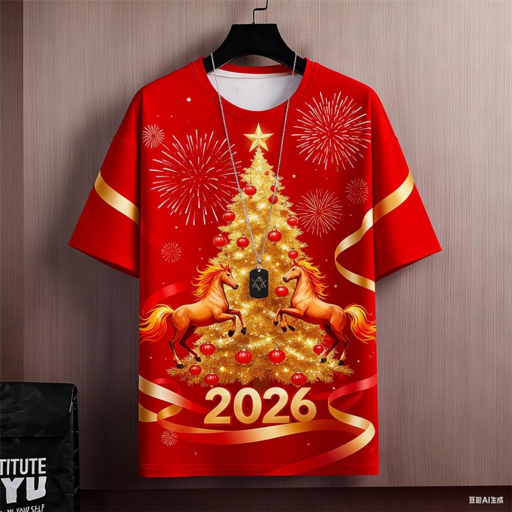 2026 Year of the Horse Fashion Red T-Shirt Men’s Extended Street Casual