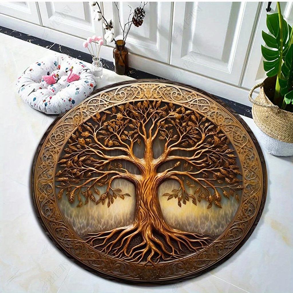 Tappeto Rotondo Albero della Vita - Tappetino Vellutato Antiscivolo con Intricato Design Dorato, Poliestere per Decorazione Soggiorno & Hotel