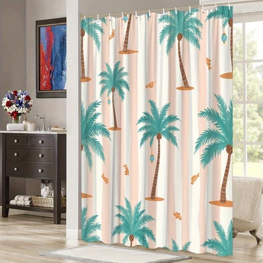 1pc Tropical Watercolor Style Palm Tree Shower Curtain White Peach Stripes Polyester Fabric 12 hooks 70.8x70.8 inches