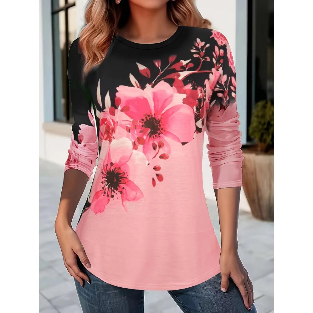 Spring and Autumn Round Neck Floral 3D Printed Top Fashionable Casual Long Sleeved Women's T-shirts