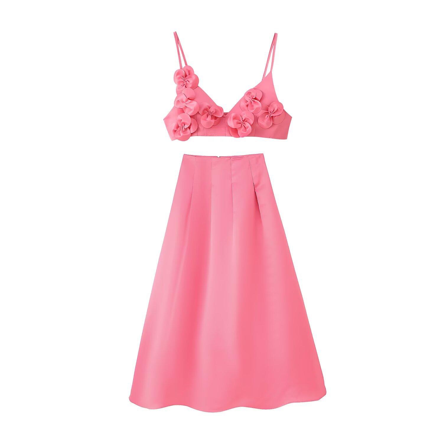 

INS Hot-Selling Women s Tube Top Set Three-Dimensional Flower Long Dress Set S персиковий