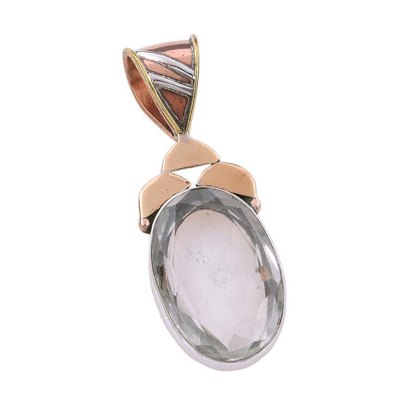 Natural Crystal Quartz 925 Solid Sterling Silver Gift TwoTone Pendant 1.75" F3A86