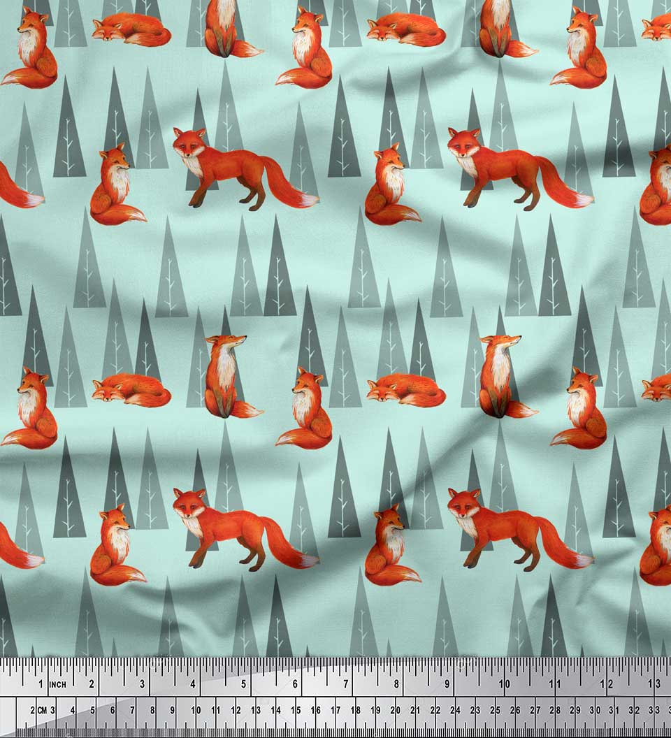 

Тканина Soimoi Blue Japan Crepe Satin Тканина з художнім принтом дерева та вовка, метр 42 дюйма 42 Inch Wide - Poly Crepe зелений