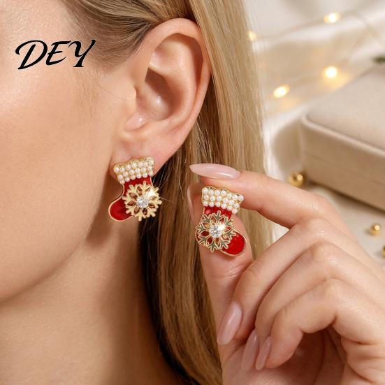 Christmas Gift for Her 1 Pair Red Stocking Stud Earrings Women, Sparkly Rhinestone Enamel Cute Snowflake Studs Sock Shaped Earring with Snowflake,