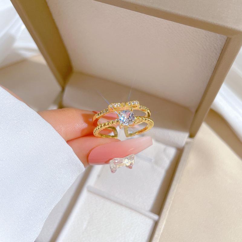 Real Gold Bow Full Diamond Ring Opening Adjustable Simple Jewelry Japanese Ring Couple Ring