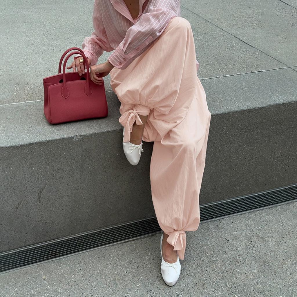 Women's Spring Summer High Waist Paper Bag Wide Leg Lantern Pants Tie Waist Loose Slimming Trousers