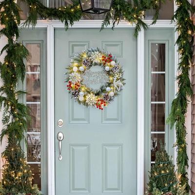 Artificial Christmas Wreath, Holiday Wreath with Lights Front Door Decoration for
