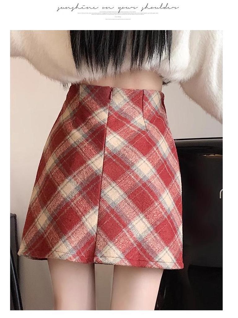 Dámská retro vlněná kostkovaná sukně A-linie s vysokým pasem - Podzimní/zimní slim fit krátká sukně