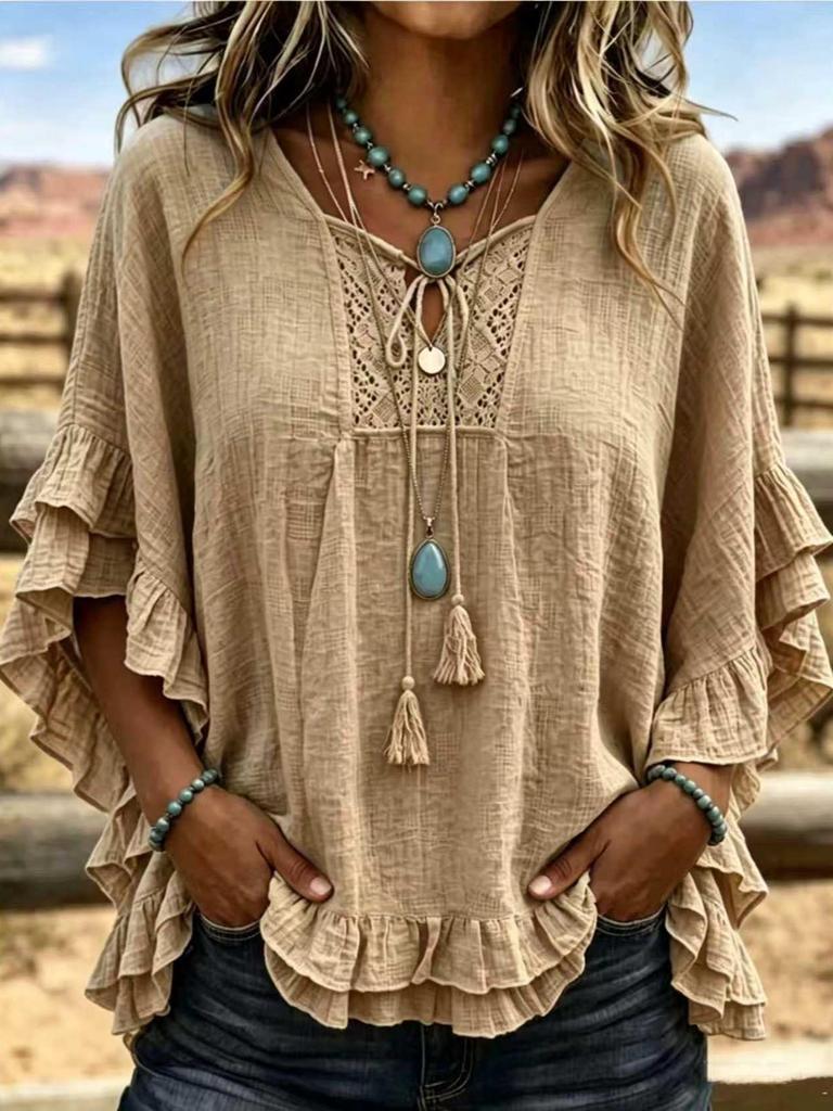 Summer 2026 European & American Tassel T-shirt: Solid Color, Loose Fit, Ruffled Women's Top
