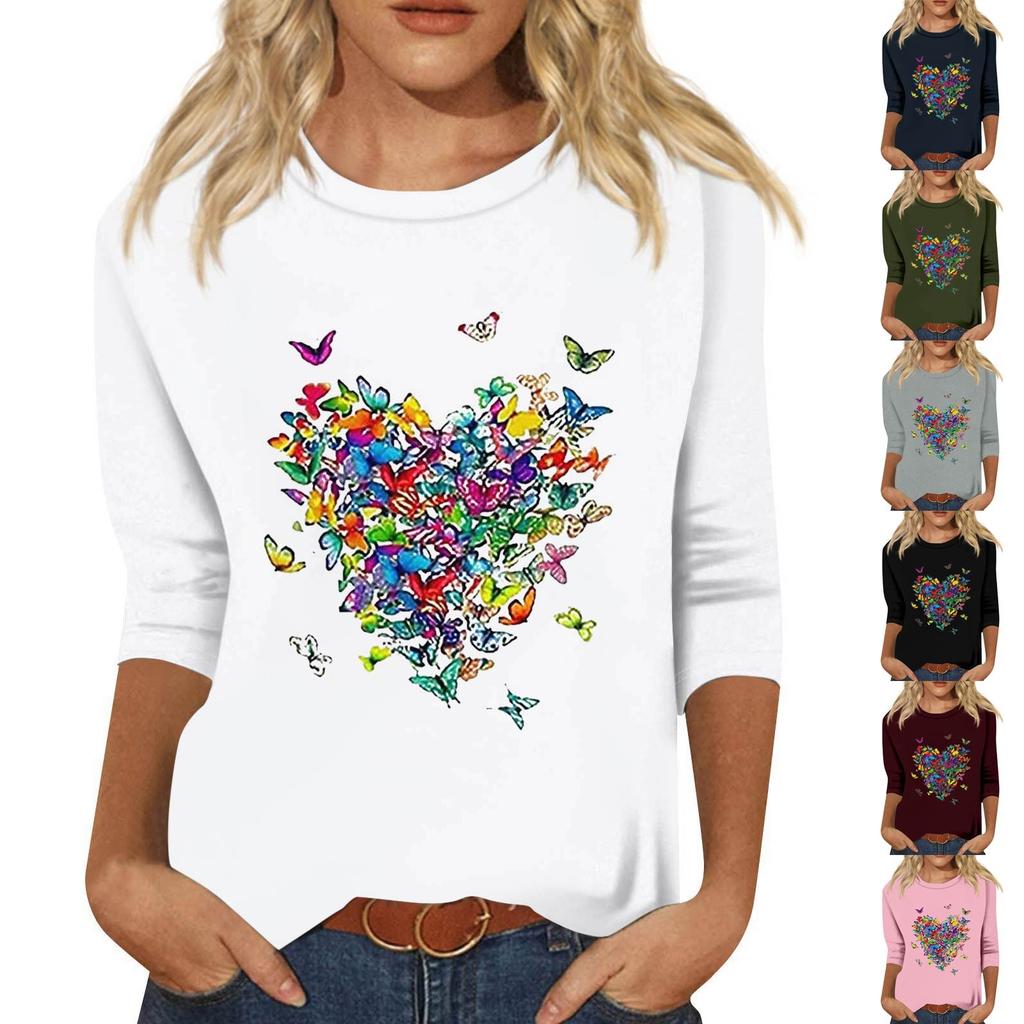 Women's Fashion Loose Casual Seven 3/4 Sleeve Printed Round Neck Pullover Top