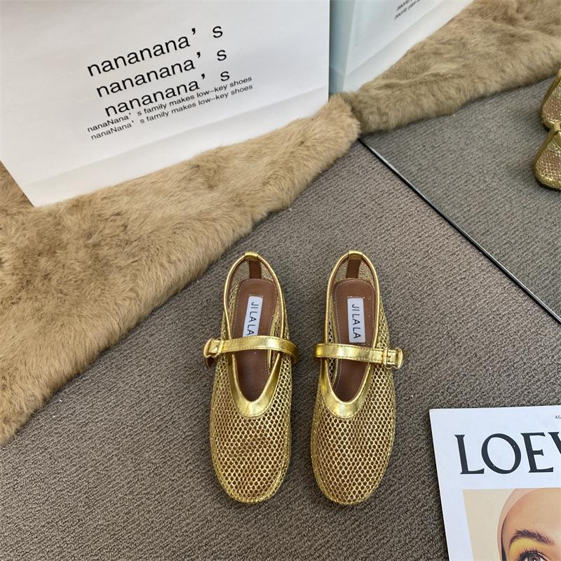 Round head hollow one-word buckle single shoes women's 2025 spring new ins fashion sparkling flat Mary Jane shoes fishing net