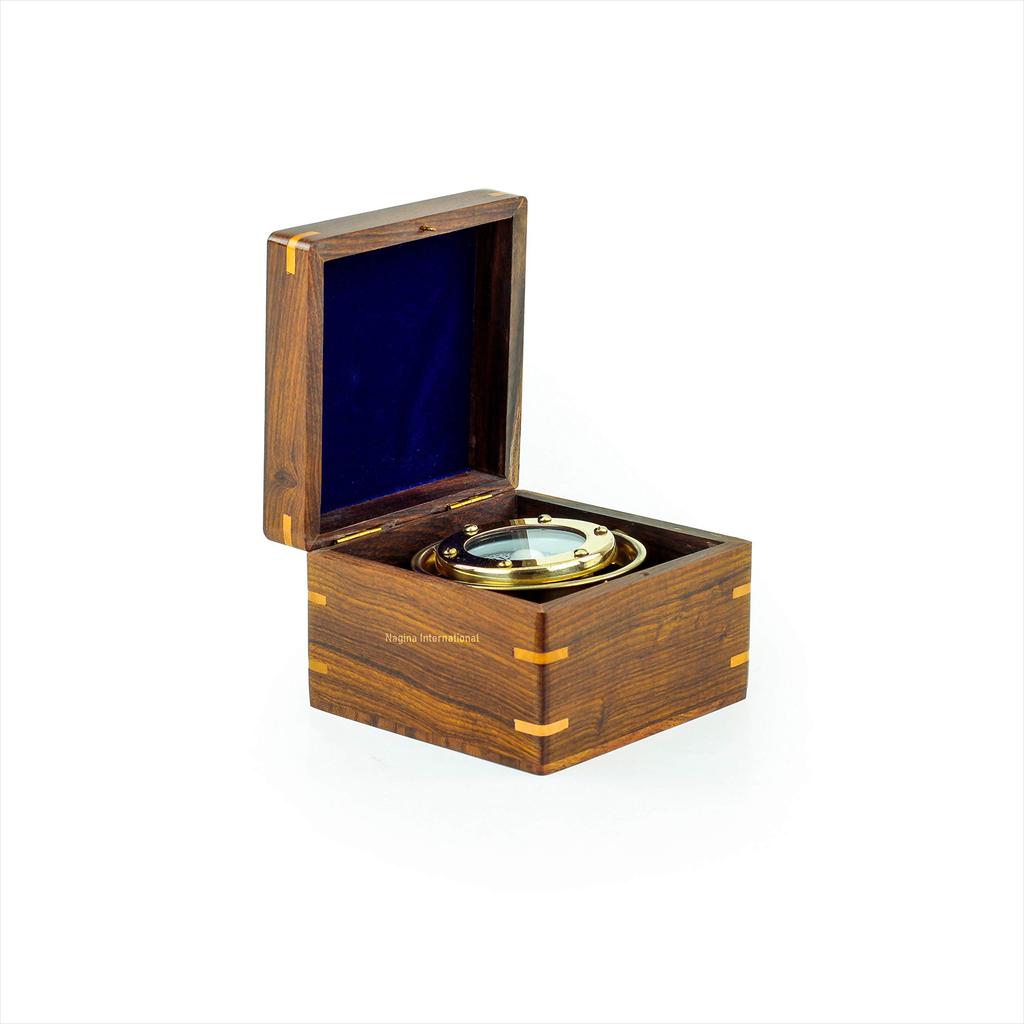 Nautical Rosewood Cased Brass Polished Gimbal Compass | Nautical Decor & Instruments | Nagina International 09-FAXR-CSYD