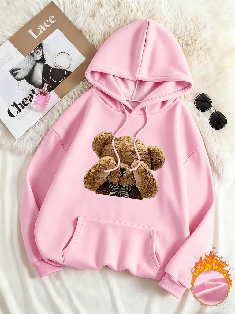 Women's eye-covering teddy bear print hooded sweater autumn and winter velvet loose oversize women's hoodie