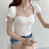 Actual Price Summer Sexy Arc Neckline Knit Shirt Short Section Navel Short-sleeved Tops Casual Essential Comfort and Style Slim Fit Pullovers Tees