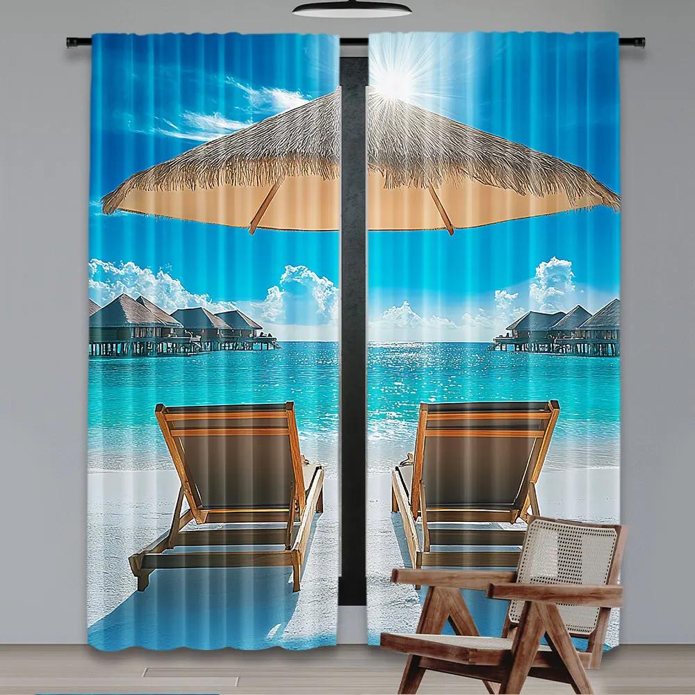 2Pcs Beach Curtain Maldives Scenic Seaside View Sunbeds Under Umbrella Romantic Honeymoon Theme