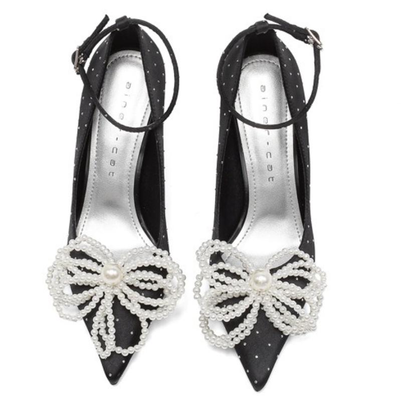 

Fashion Elegant String Bead Bow Decorative Pumps Women Luxury Pointed Toe Crystal Ankle Buckle Designer Shoe Fashion Wedding Bridal Shoe 39