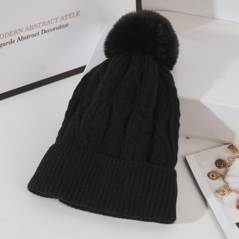 Knitted Hat for Women In Winter Warm Plus Velvet Thickened Wool Ball Wool Hat Korean Style Trendy Versatile Cycling Ski Ear Protection Hat