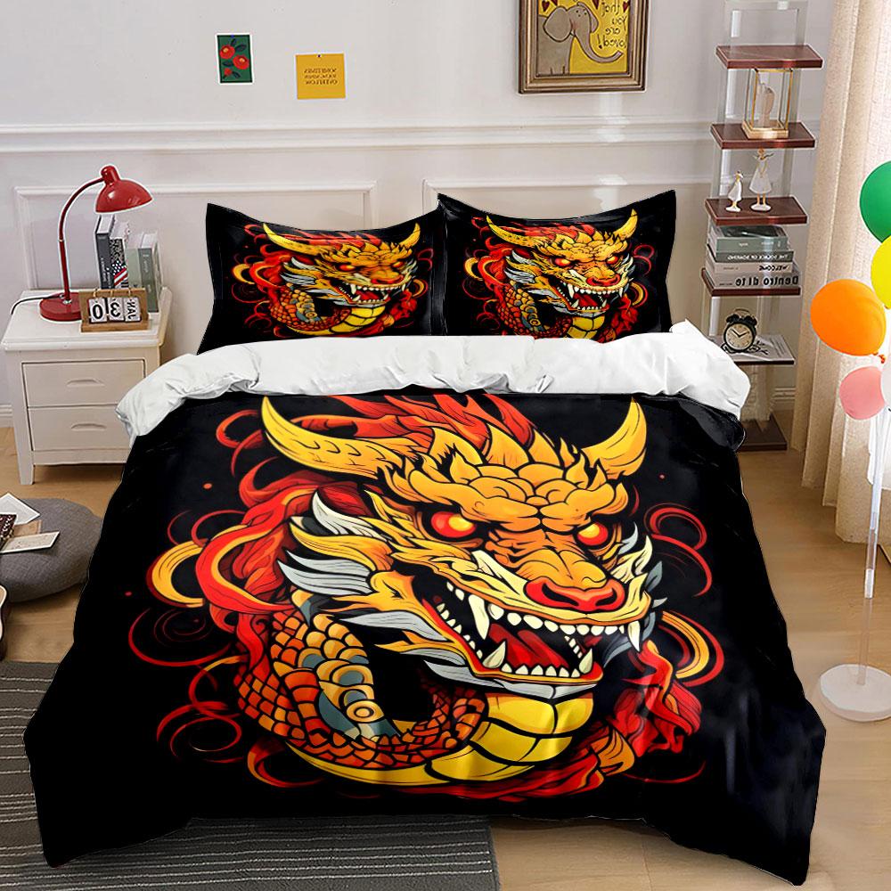3Pcs Fiery Red Chinese Dragon Head Duvet Cover Set Black Base New Year Lucky Bedding Single Double King Queen Gift