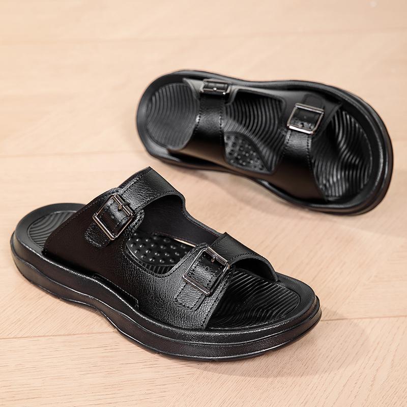 Fashion Premium Mens Leather Slippers Adjustable Buckle Slides Non-Slip Sole Man Wading Aqua Shoes Comfortable Summer Half Drag Slippers