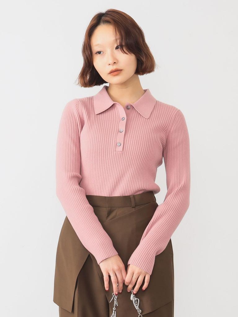 Ray Beams Women's L/S Knit Rib Knit Polo Shirt, Pink Free