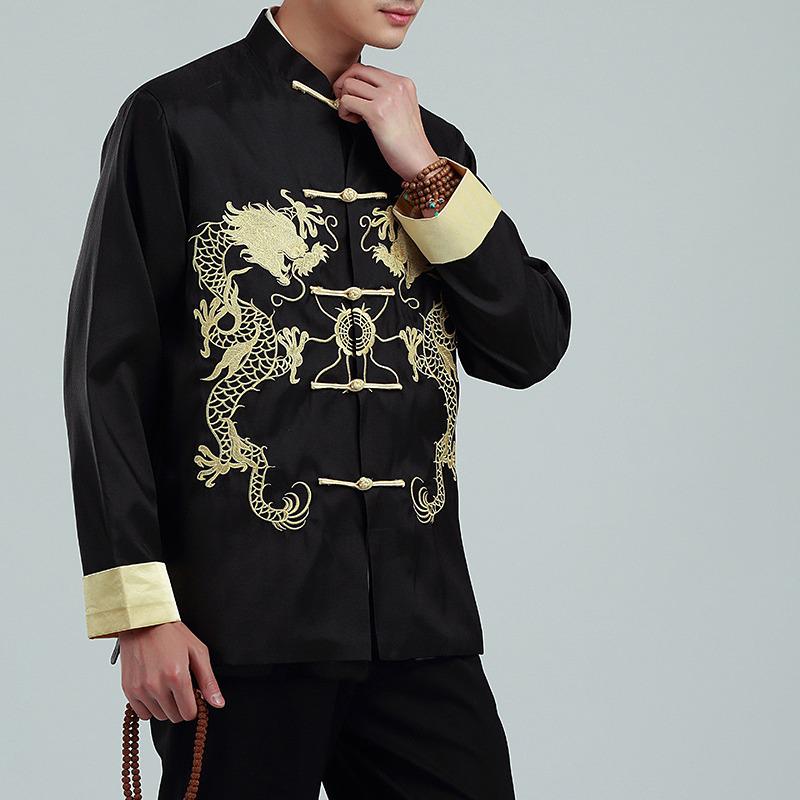 Embroidered Gold Double Dragon Tang Suit Men's Long-Sleeve Stand-Collar Outerwear