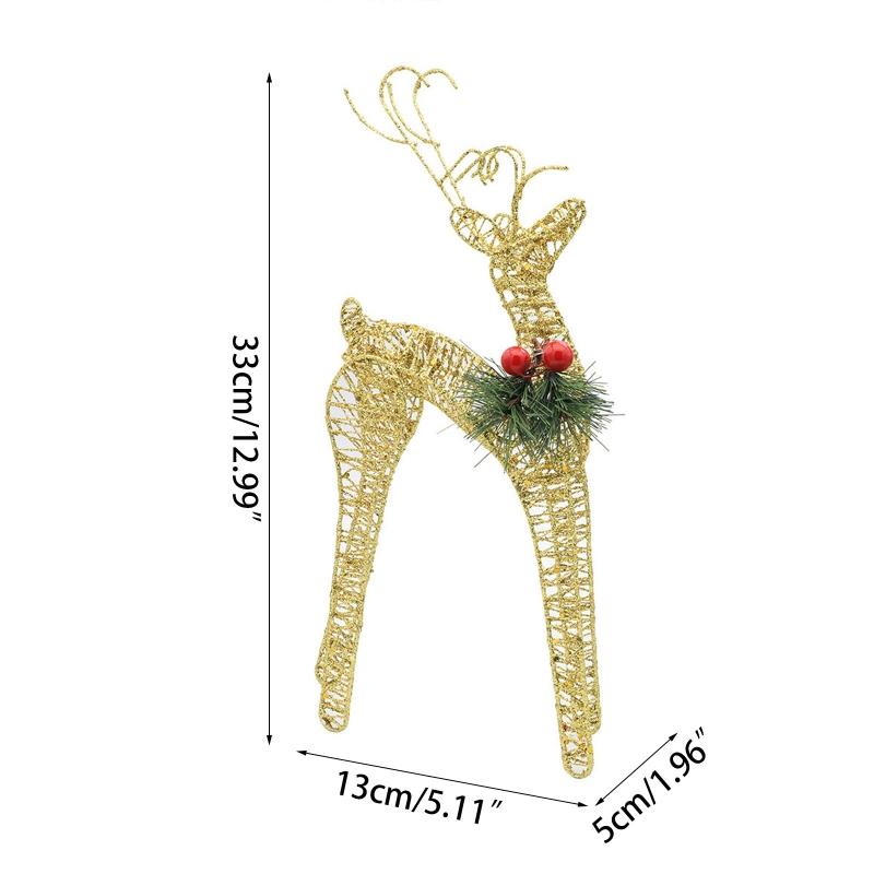 Christmas Wrought Iron Elk Ornament 1 Pair Red Berry Pine Needles Glitter Sequins for Home Decor Bedroom Living Room Decor